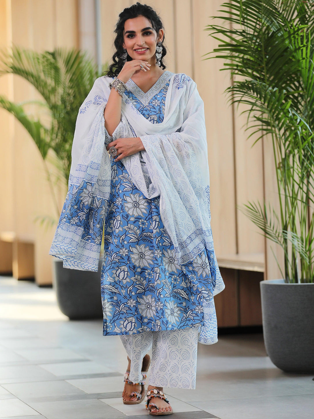 Blue Printed Cotton Straight Suit With Dupatta - Jashvi