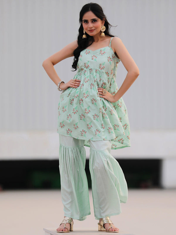 Sea Green Printed Silk Blend A-Line Kurta With Sharara - Jashvi