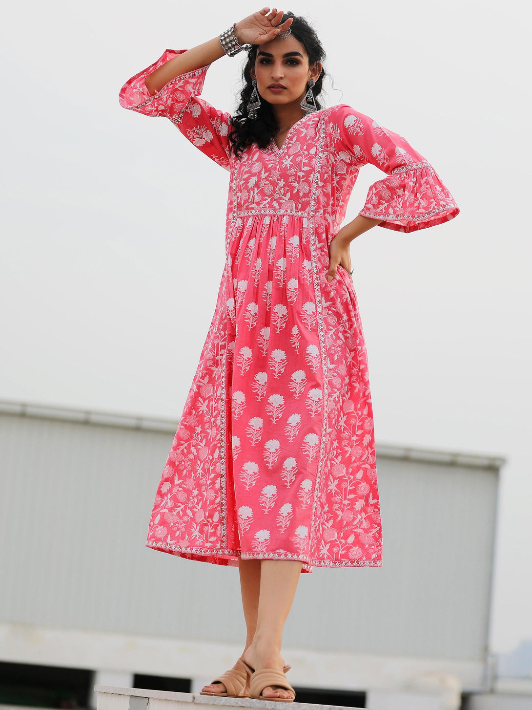 Pink Printed Cotton A-Line Dress - Jashvi