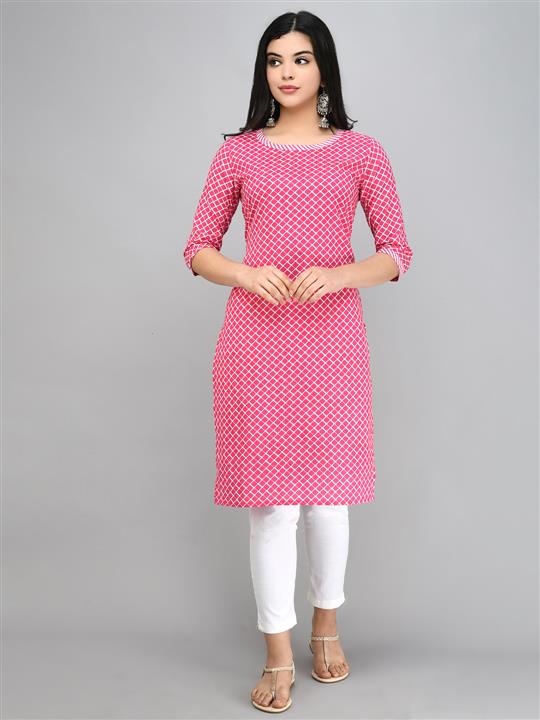 Women's Pink Cotton 3/4 Sleeve Round Neck Printed Casual Kurta - Myshka