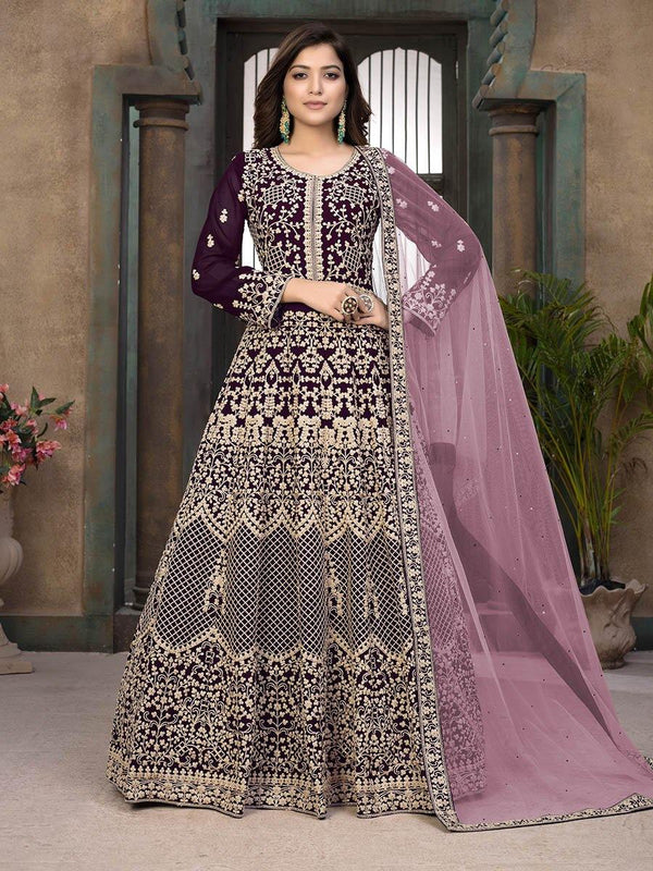 Women's Wine Georgette Wedding Anarkali Suit-Myracouture