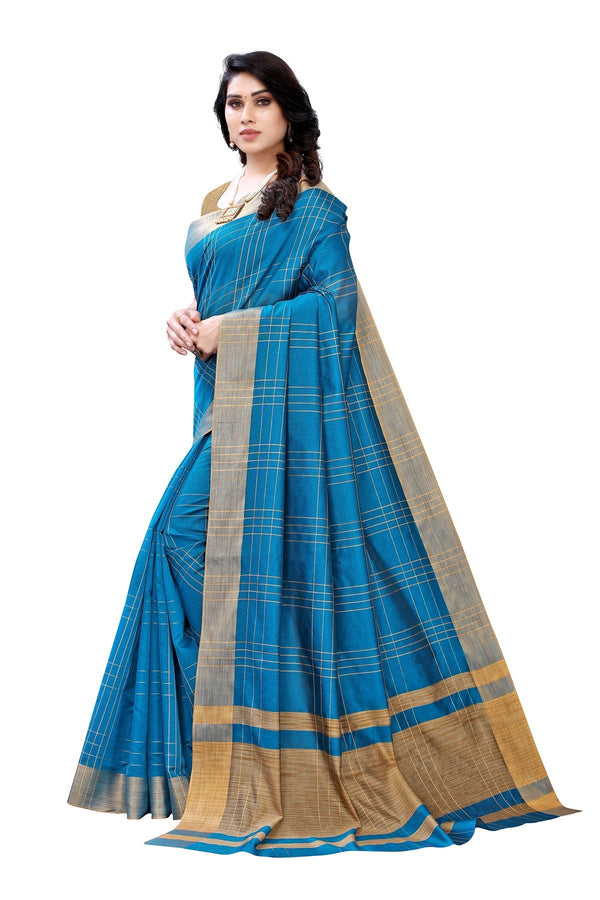 Women's Blue Cotton Silk Weaving Saree - Vamika