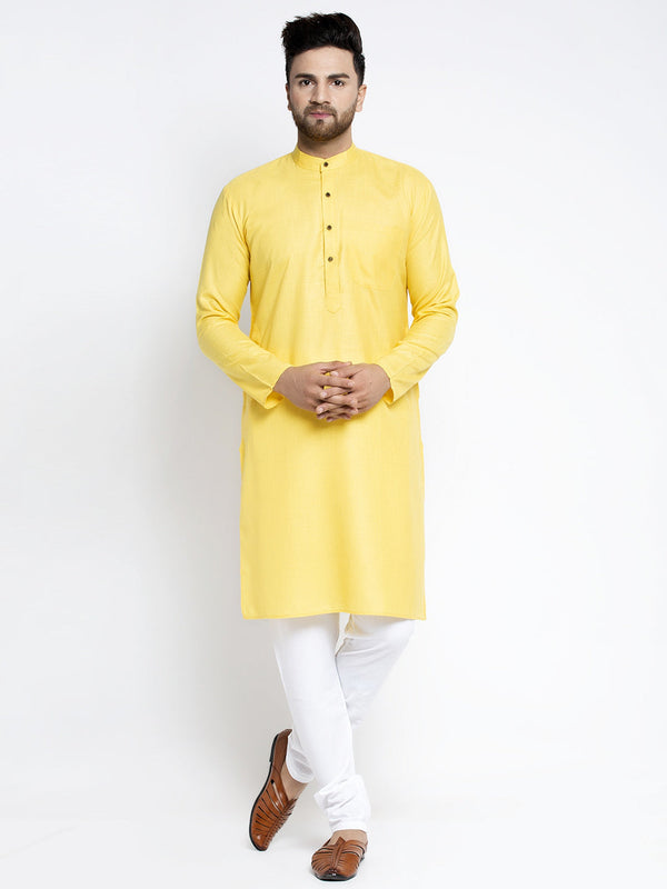 Men's Lemon & White Solid Kurta With Churidar ( Jokp 532 Lemon ) - Virat Fashions