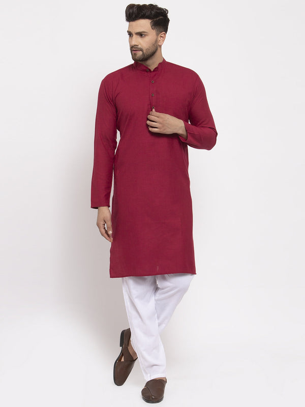 Men's Maroon & White Solid Kurta With Churidar ( Jokp 532 Maroon ) - Virat Fashions