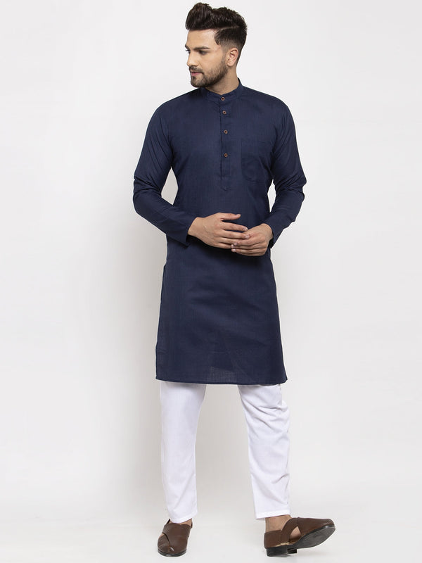 Men's Navy-Blue & White Solid Kurta With Churidar ( Jokp 532 Navy-Blue ) - Virat Fashions