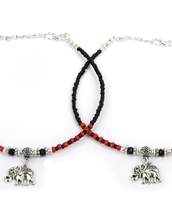 Women's  Black Red Beads Silver Plated Elephant Traditional Anklets - Priyaasi