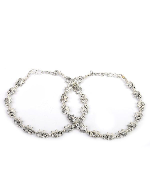 Women's  Silver Plated Elephant Traditional Anklets - Priyaasi