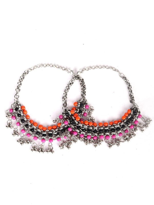 Women's  Multi-Color Beads Ghungroo Silver Plated Anklets - Priyaasi