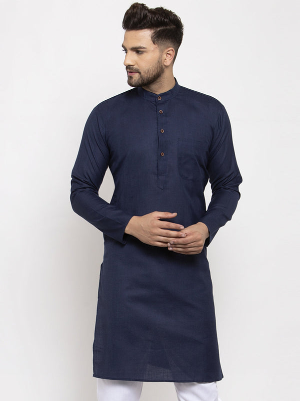 Men's Navy-Blue & White Solid Kurta Only ( Ko 532 Navy-Blue ) - Virat Fashions