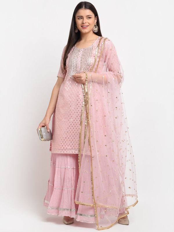 Women's Baby Pink Love Short Kurti With Crushed Sharara And Net Dupatta - Anokherang