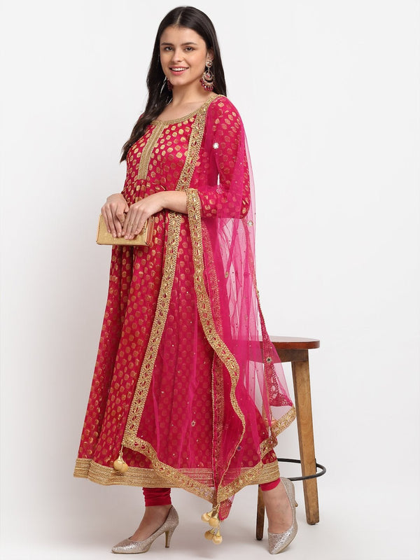 Women Dark Pink Georgette Banarsi Anarkali With Leggings & Dupatta by Anokherang (3pcs Set)