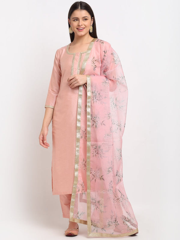 Women's Peach Petal Straight Kurti With Pants And Printed Dupatta - Anokherang