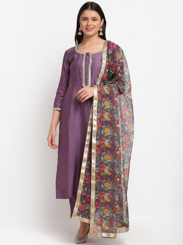 Women's Mistique Mauve Straight Kurti With Pants And Floral Dupatta - Anokherang