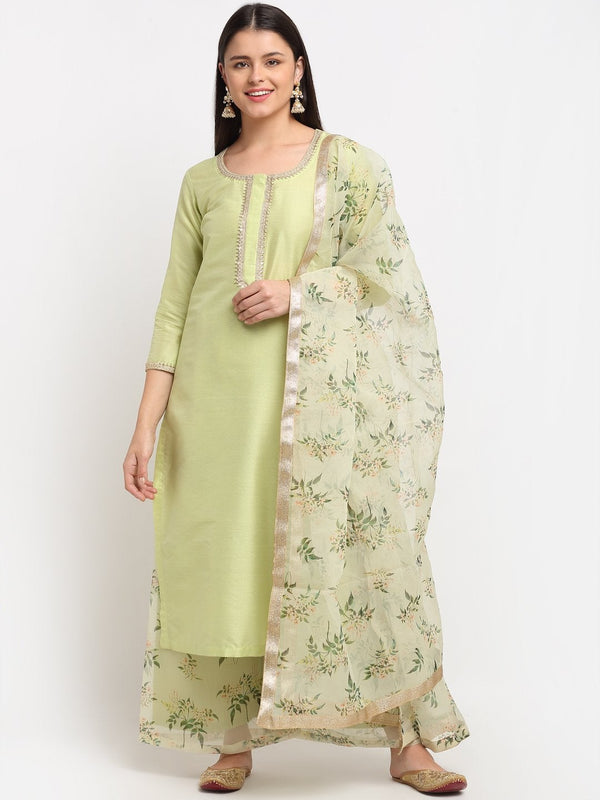 Women's Leaf Green Straight Kurti With Printed Palazzo And Organza Dupatta - Anokherang