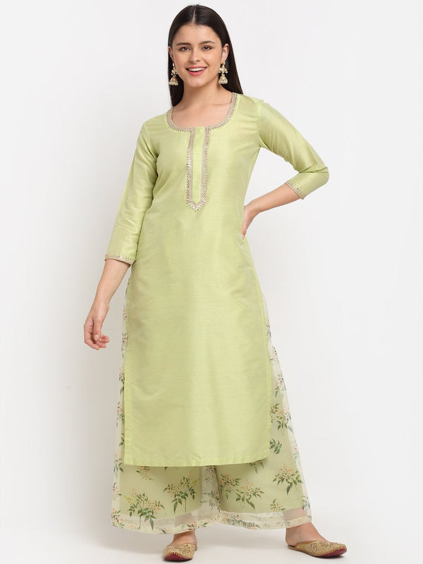 Women's Leaf Green Straight Kurti With Printed Palazzo - Anokherang