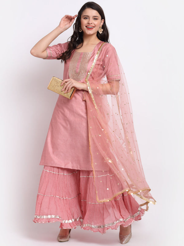 Women's Onion Pink Short Gota Kurti With Crushed Gathered Gota Sharara And Smiling Peach Scalloped Sequin And Thread Net Dupatta - Anokherang