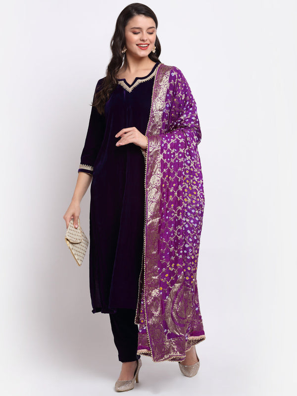 Women's Deep Purple Velvet Straight Kurti With Pants And Bandhej Dupatta - Anokherang