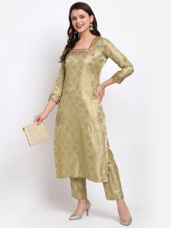 Women's Pista Green Brocade Square Neck Straight Kurti With Pants - Anokherang