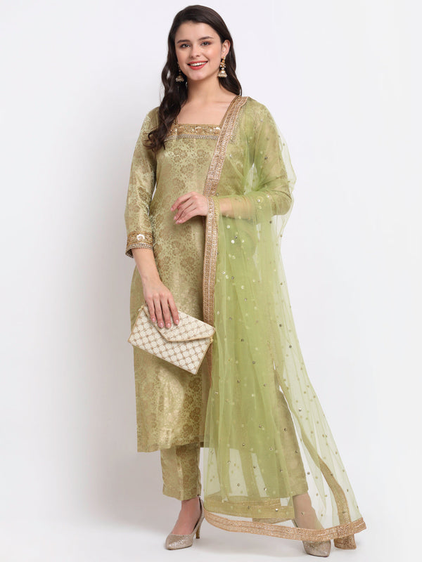 Women's Pista Green Brocade Square Neck Straight Kurti With Pants And Stone Dupatta - Anokherang