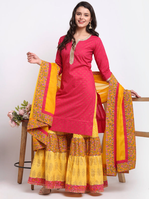 Women's Cheerful Magenta Kurti With Multi Printed Sharara And Organza Dupatta - Anokherang