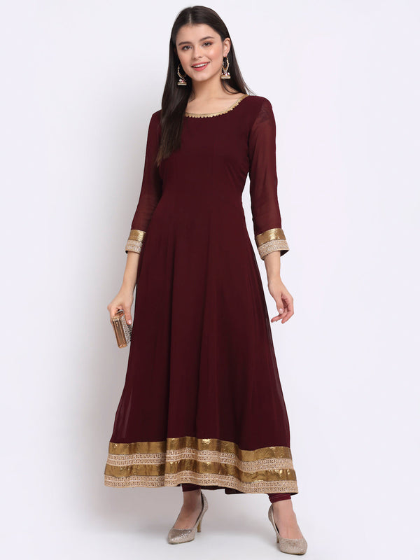 Women's Smooth Wine Georgette Anarkali With Churidaar - Anokherang