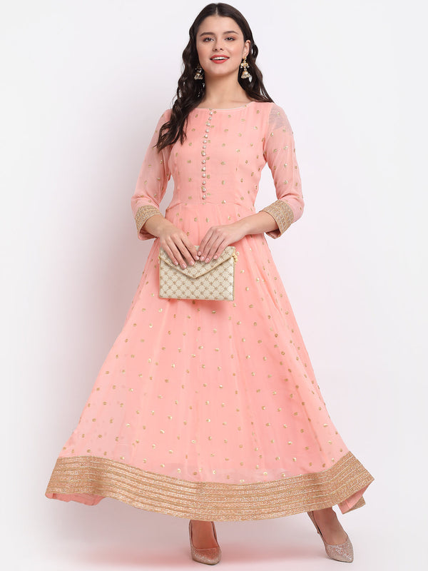 Women's Peach Georgette Anarkali With Churidar by Anokherang (2pcs Set)