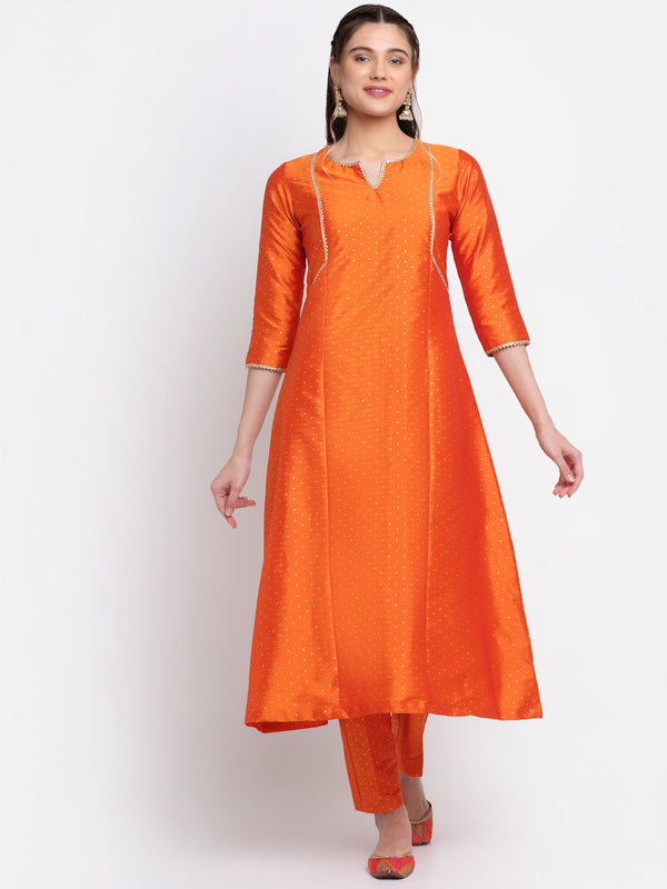 Women's Shining Orange Festive A-Line Kurti With Straight Pants - Anokherang