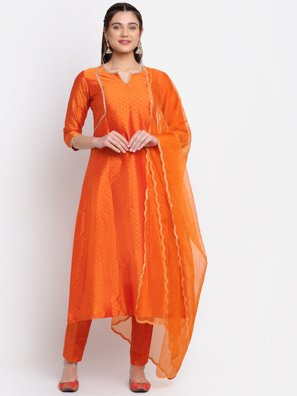 Women's Shining Orange Festive A-Line Kurti With Straight Pants And Scalloped Organza Dupatta - Anokherang