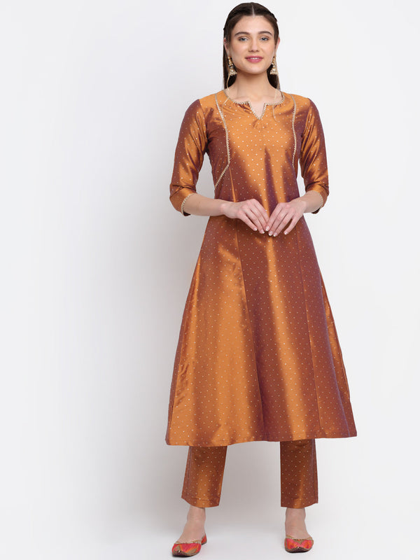 Women's Shining Copper A-Line Kurti With Straight Pants - Anokherang