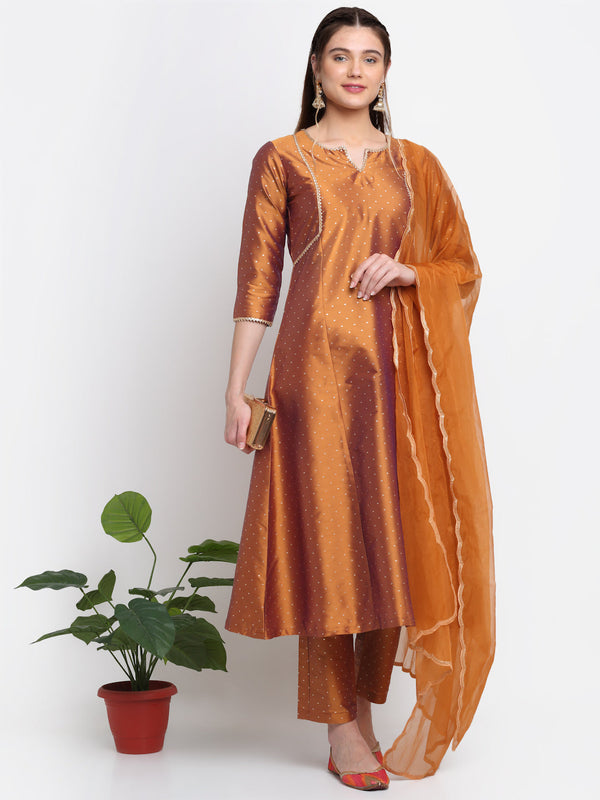 Women's Shining Copper A-Line Kurti With Straight Pants And Scalloped Organza Dupatta - Anokherang