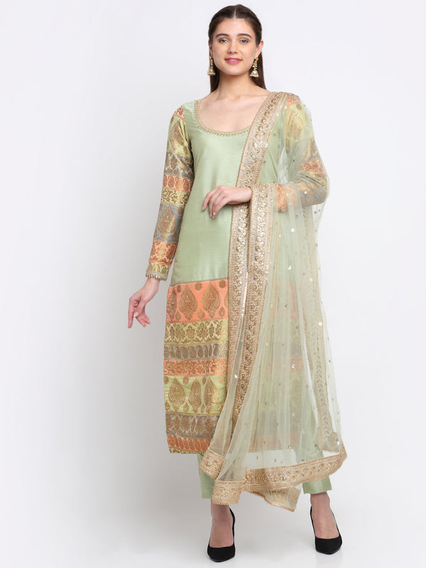 Women's Graceful Green Banarasi Sleeve Kurti With Straight Pants And Net Sequins Dupatta - Anokherang