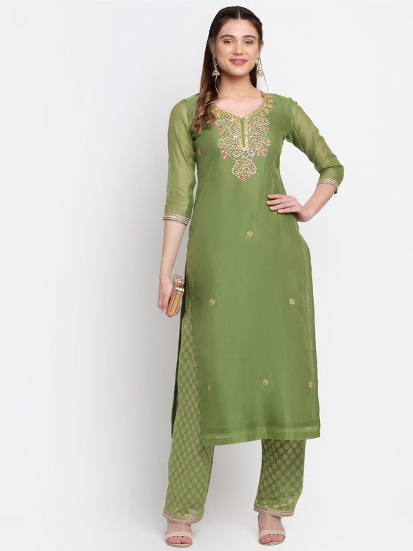 Women's Olive Green Gotta Embroidered Kurti With Straight Palazzo - Anokherang