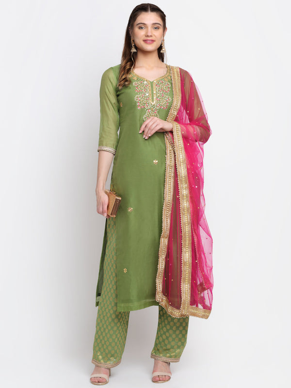 Women's Olive Green Gotta Embroidered Kurti With Straight Palazzo And Pink Net Stone Dupatta - Anokherang