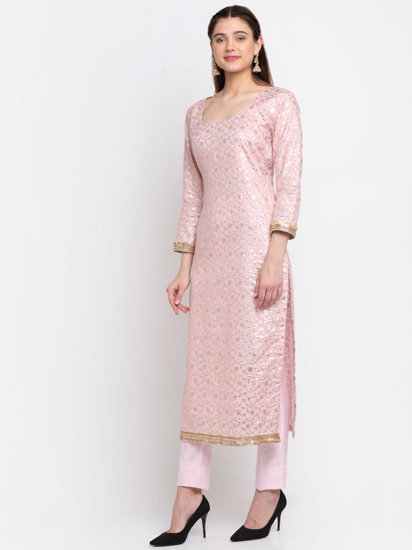 Women's Crystal Pink Chanderi Kurti With Straight Pants - Anokherang