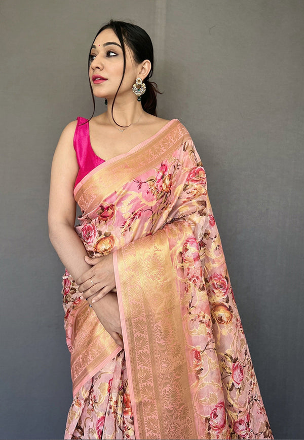 Women's Rose Pink Banarasi Kora Organza Anokhi Digital Vol. 3 Printed Saree - Tasarika