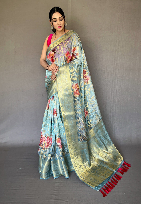 Women's Tiffany Blue Banarasi Kora Organza Anokhi Digital Vol. 3 Printed Saree - Tasarika