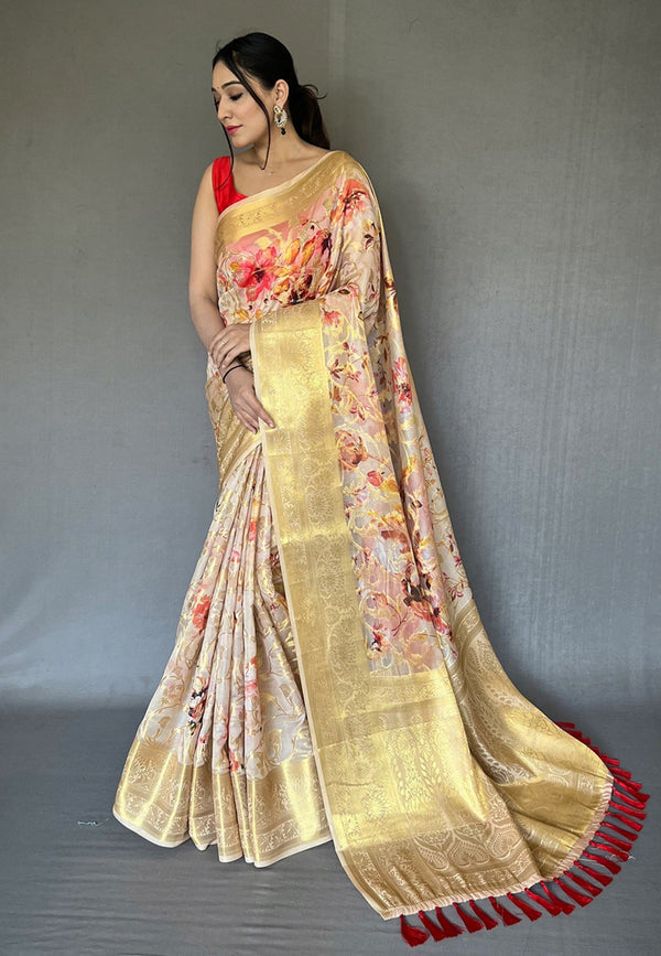 Women's Light Peach Banarasi Kora Organza Anokhi Digital Vol. 3 Printed Saree - Tasarika