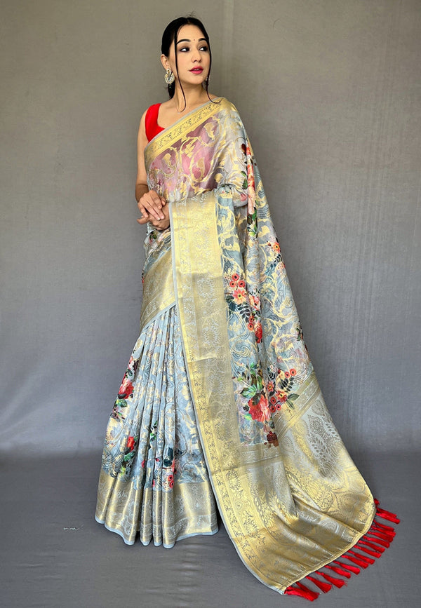 Women's Bluish Grey Banarasi Kora Organza Anokhi Digital Vol. 3 Printed Saree - Tasarika