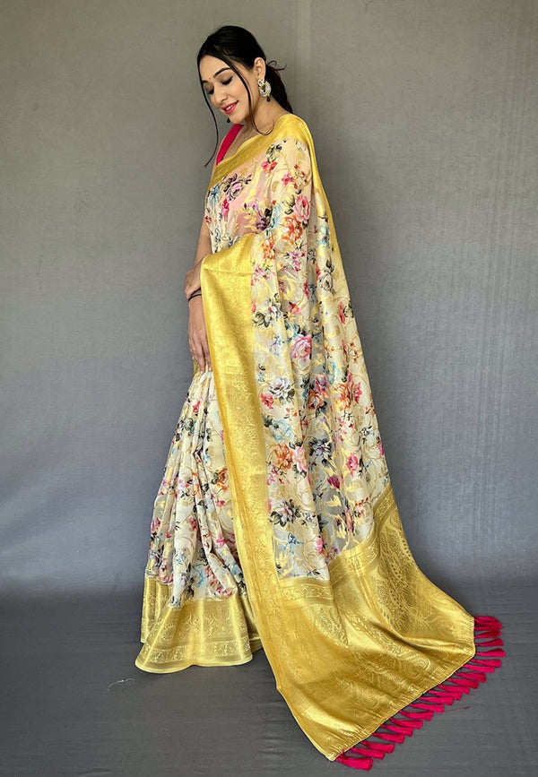 Women's White Yellow Banarasi Kora Organza Anokhi Digital Vol. 3 Printed Saree - Tasarika