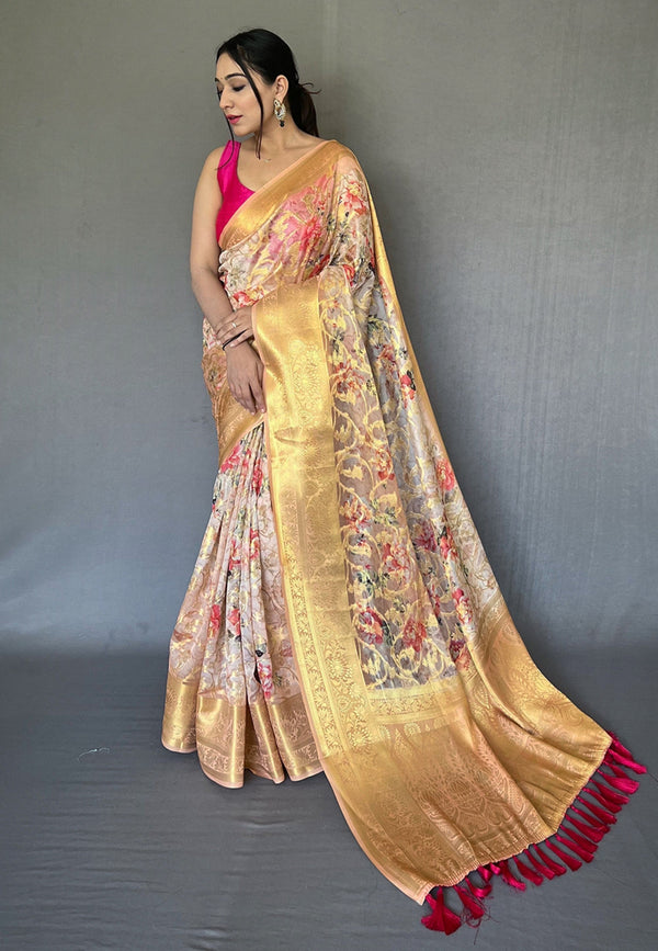 Women's Peach Banarasi Kora Organza Anokhi Digital Vol. 3 Printed Saree - Tasarika