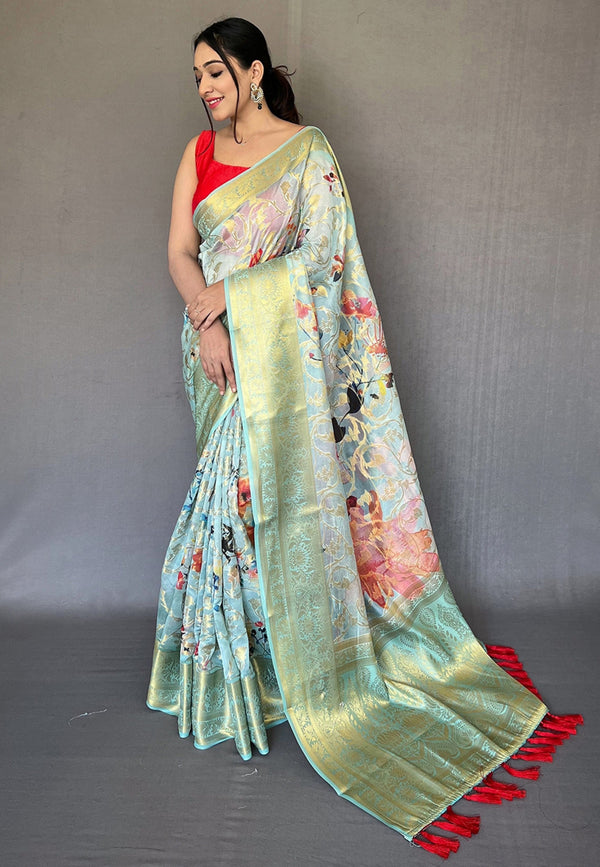 Women's Sky Blue Banarasi Kora Organza Anokhi Digital Vol. 3 Printed Saree - Tasarika