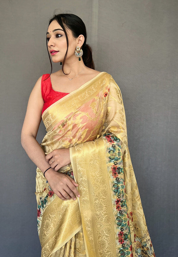 Women's Yellow Banarasi Kora Organza Anokhi Digital Vol. 3 Printed Saree - Tasarika