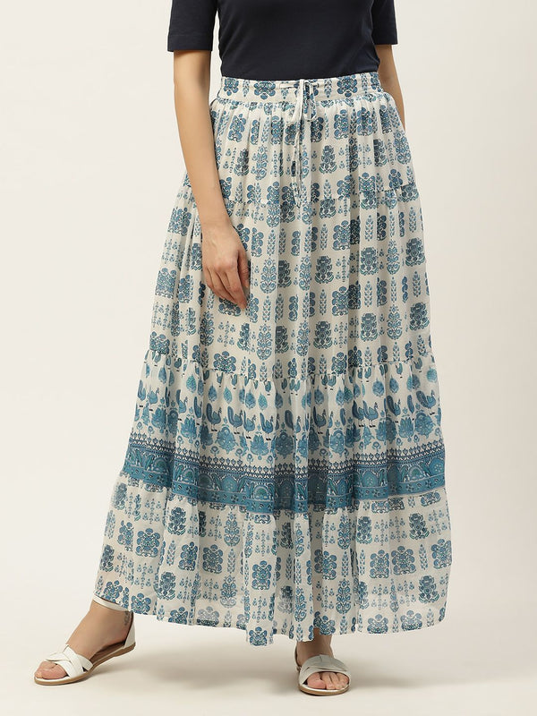 Women's Blue Georgette Placement Print Tiered Skirt - Juniper