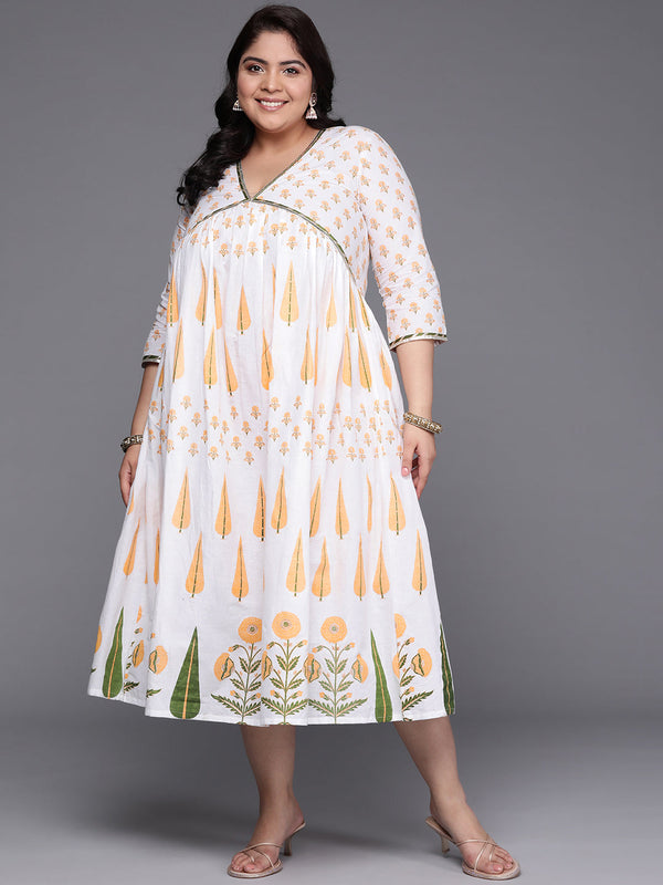 Plus Size Floral Printed Empire Midi Pure Cotton Ethnic Dress