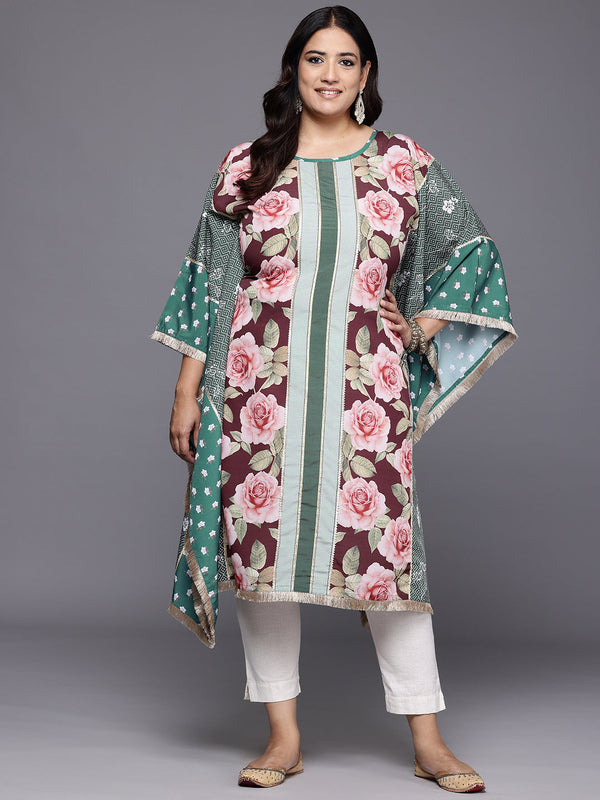 Plus Size Floral Printed Flared Sleeves Gotta Patti Crepe Kaftan Kurta