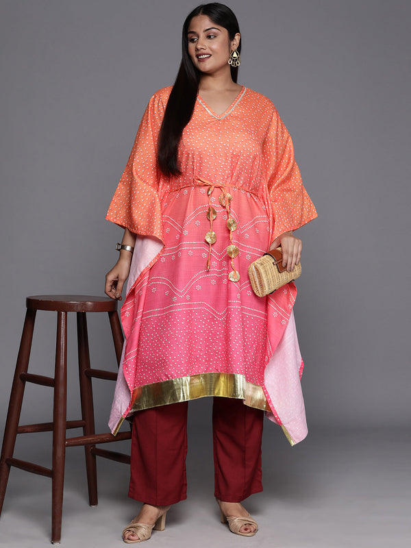 Jashvi Plus Size Bandhani Printed Flared Sleeves Gotta Patti Kaftan Kurta