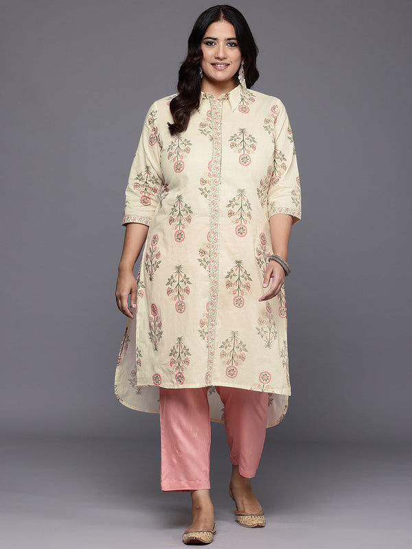 Plus Size Floral Printed Gotta Patti Pure Cotton Kurta