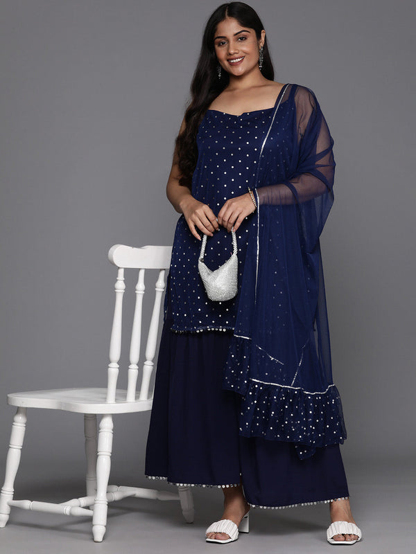 Plus Size Printed Regular Sequinned Sharara set with Dupatta