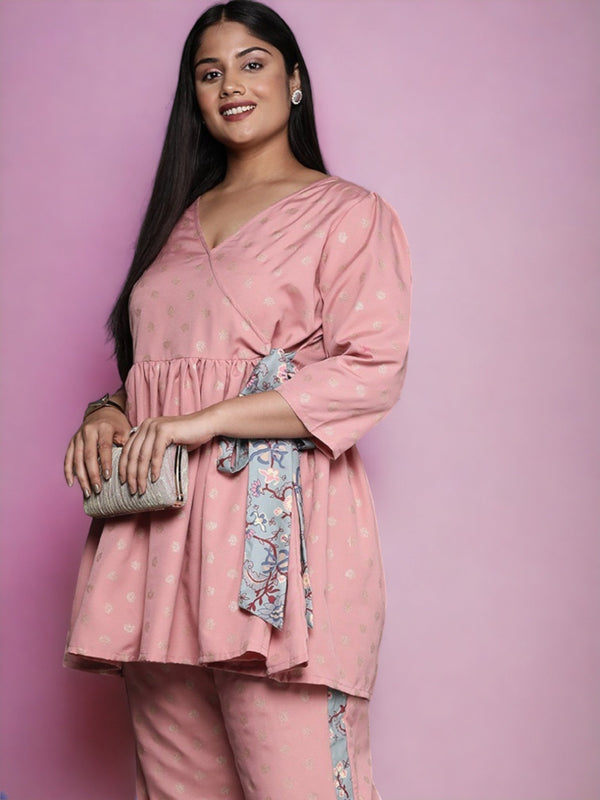 Pink Plus Size Ethnic Printed Wrap Tunic