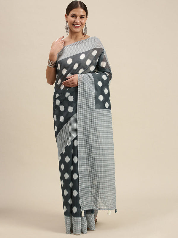 Women's Grey Cotton Blend Printed Traditional Tassle Saree - Sangam Prints